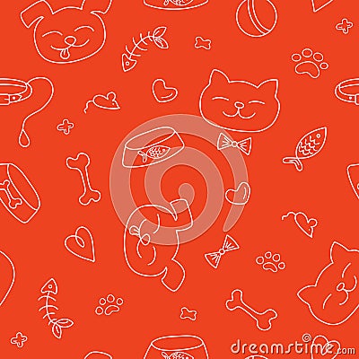 Vector doodle pattern of dogs, cats, pet food and toys. Vector Illustration